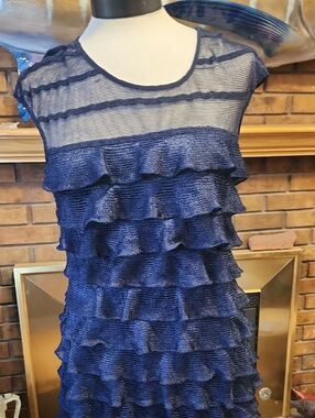 Max Studio Specialty Products Size Medium Navy Blue Ruffled Sheer Top